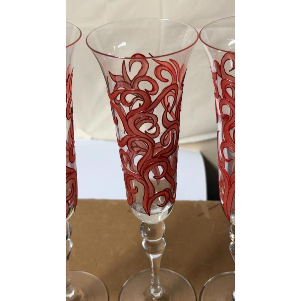 Set of 3 Red Swirl Hand-Painted‎ Champagne Flutes – Elegant Glasses - Picture 4 of 6